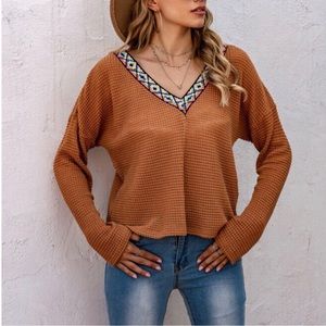 Embroidery Tribal Trim V Neck Long Sleeve Tee